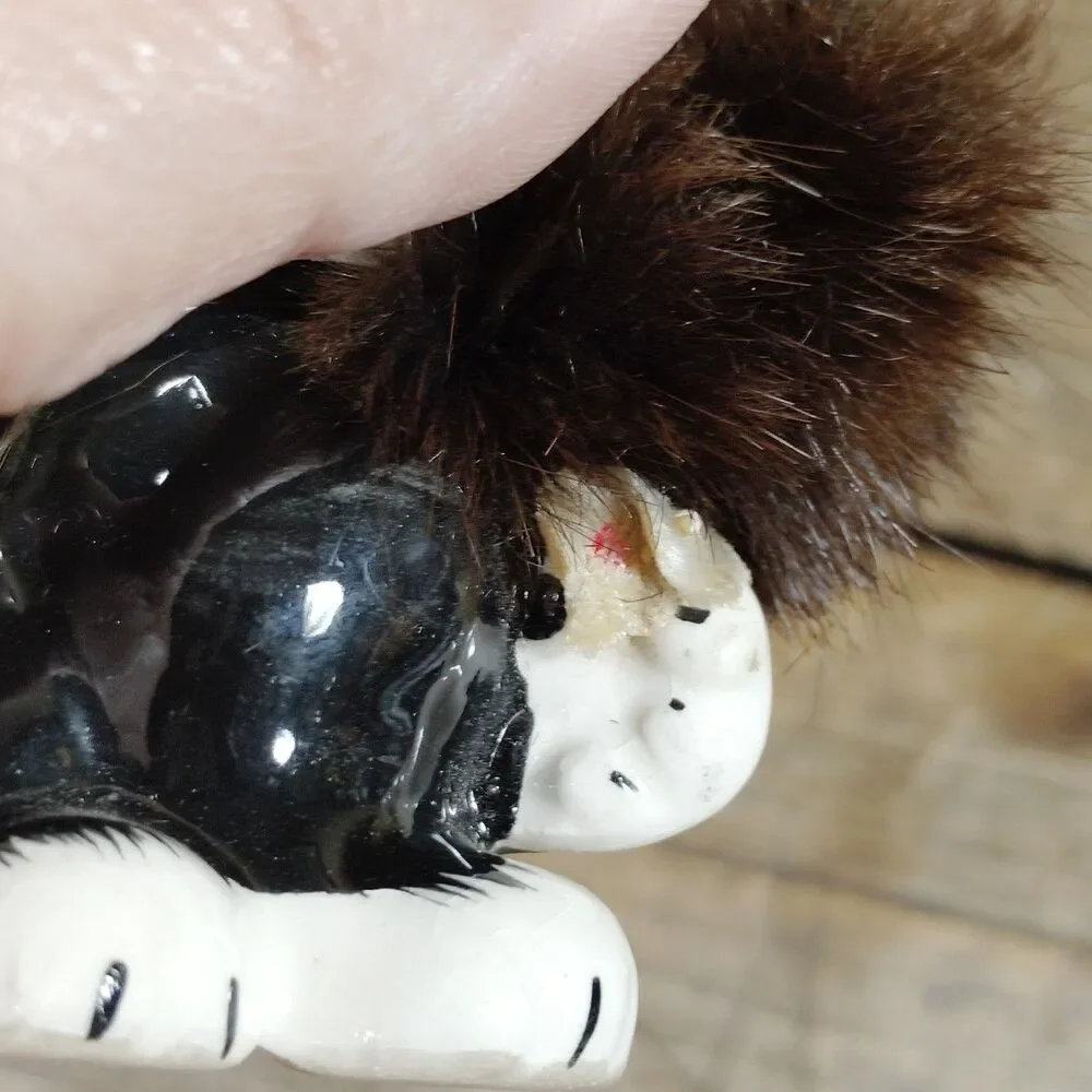 Vintage 50s Sweet Anthropomorphic Black Fuzzy Fur Cat Figurine Kitsch Japan